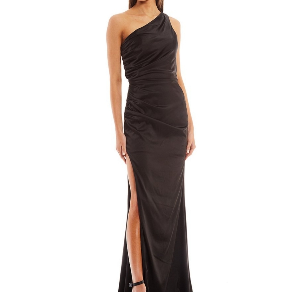 GBSocial One Shoulder Ruched Satin Cut-Out-Back Slit Hem Long Dress